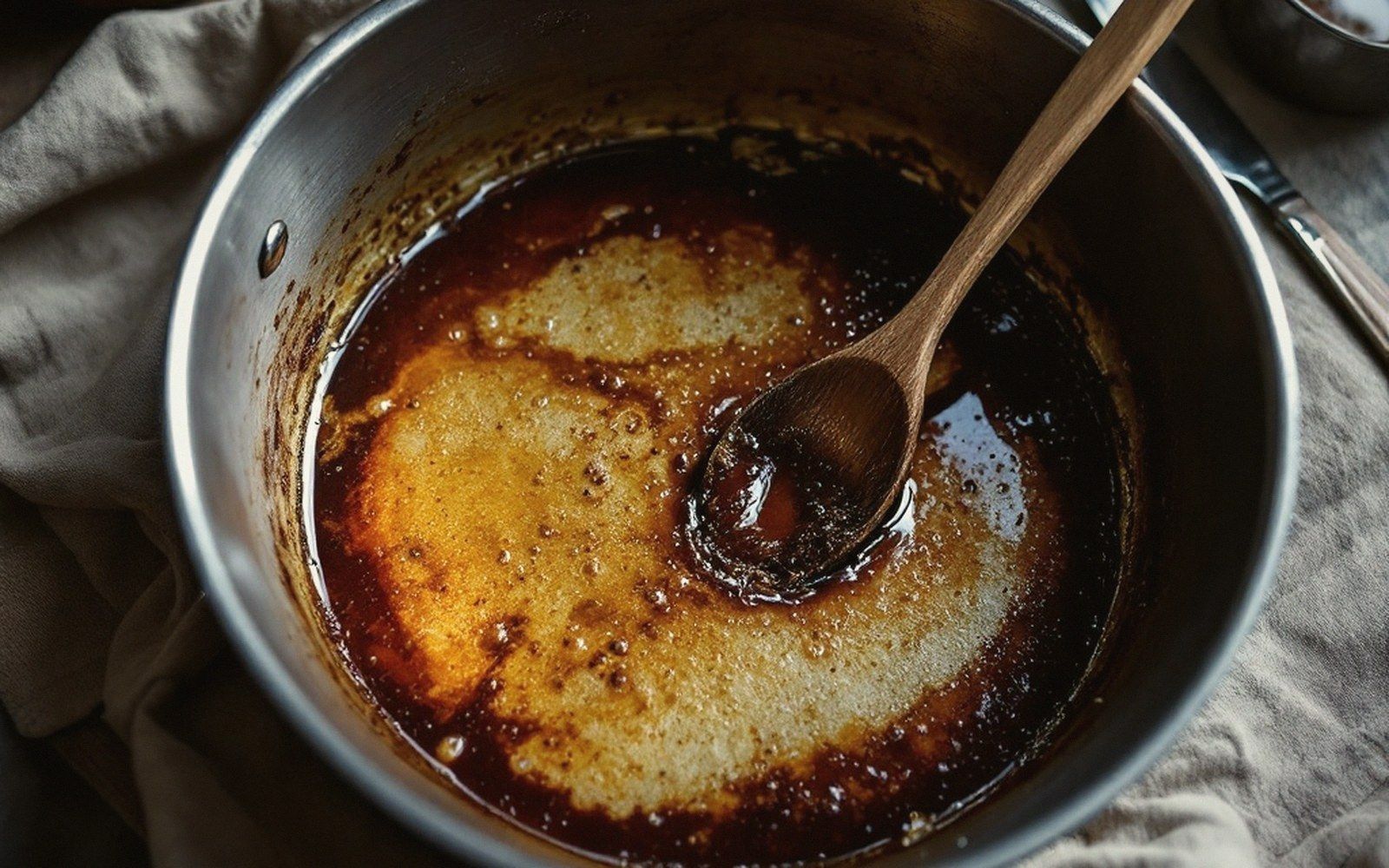 The browned layer left in the tin is the sauce, before any liquid goes near it.