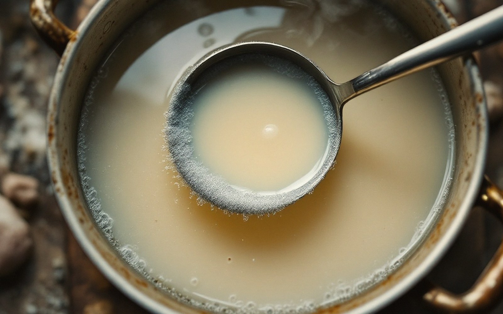 Lift the raft off with a shallow ladle; stirred back in it stays as haze.