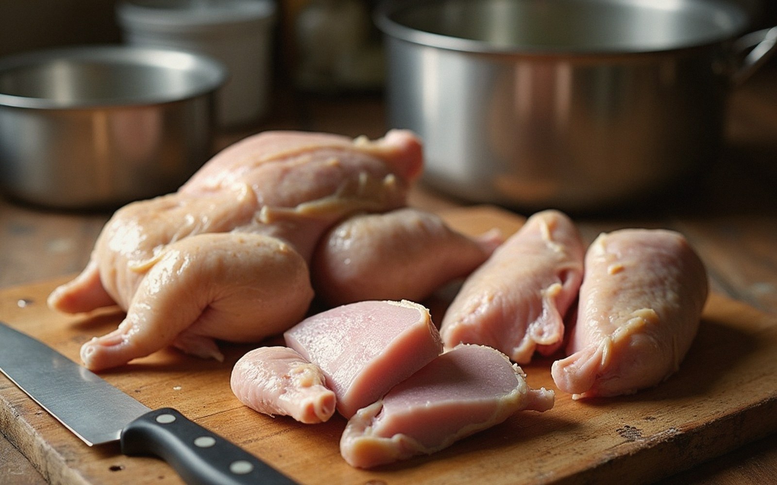 A chicken jointed into eight pieces on a wooden board, boning knife alongside