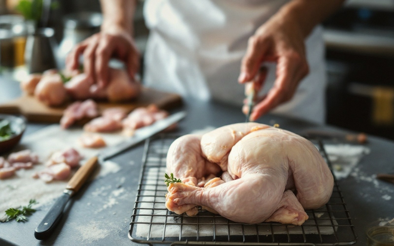 Legs tied in shield the thin edge of the breast from the heat of the oven.